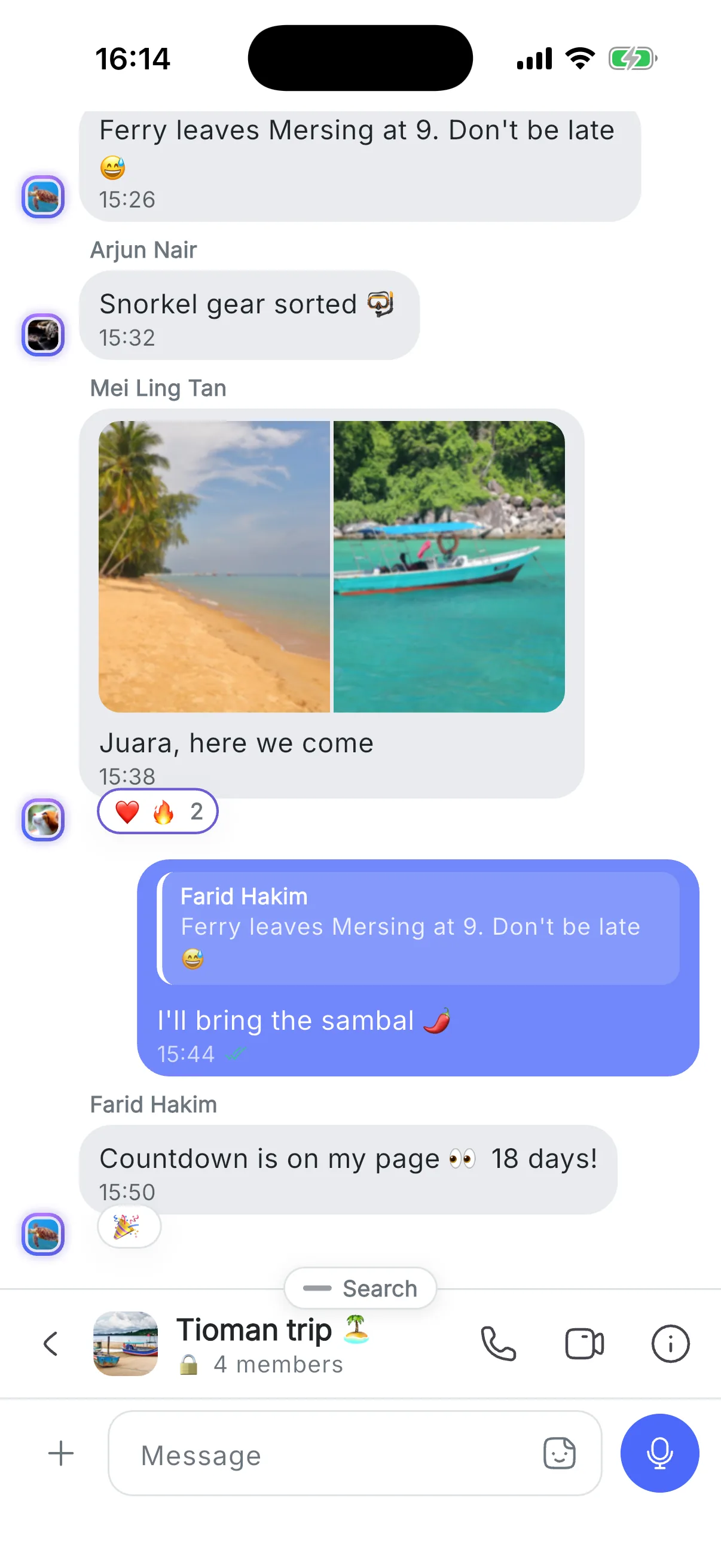 A group chat about a trip to Tioman: two beach photos with reactions, a reply to an earlier message, and a countdown