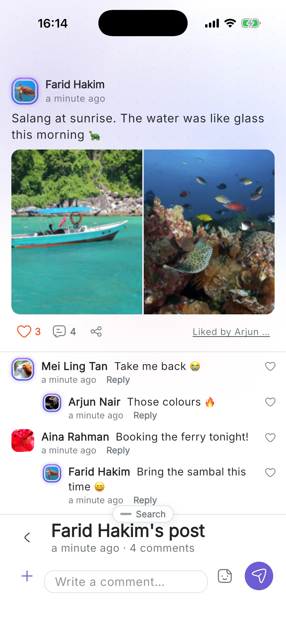 A post with two photos and a thread of comments and replies