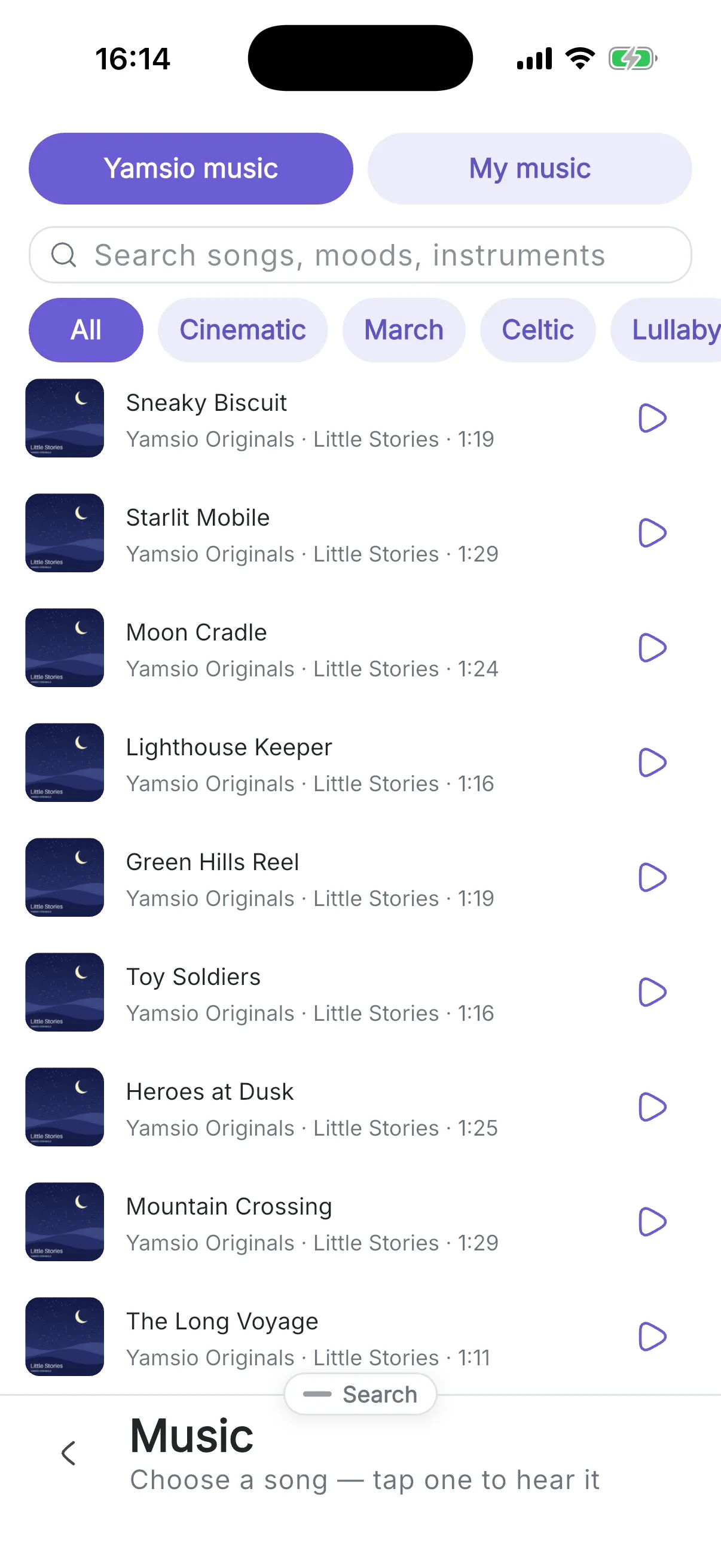 Choosing a song from the albums in the app