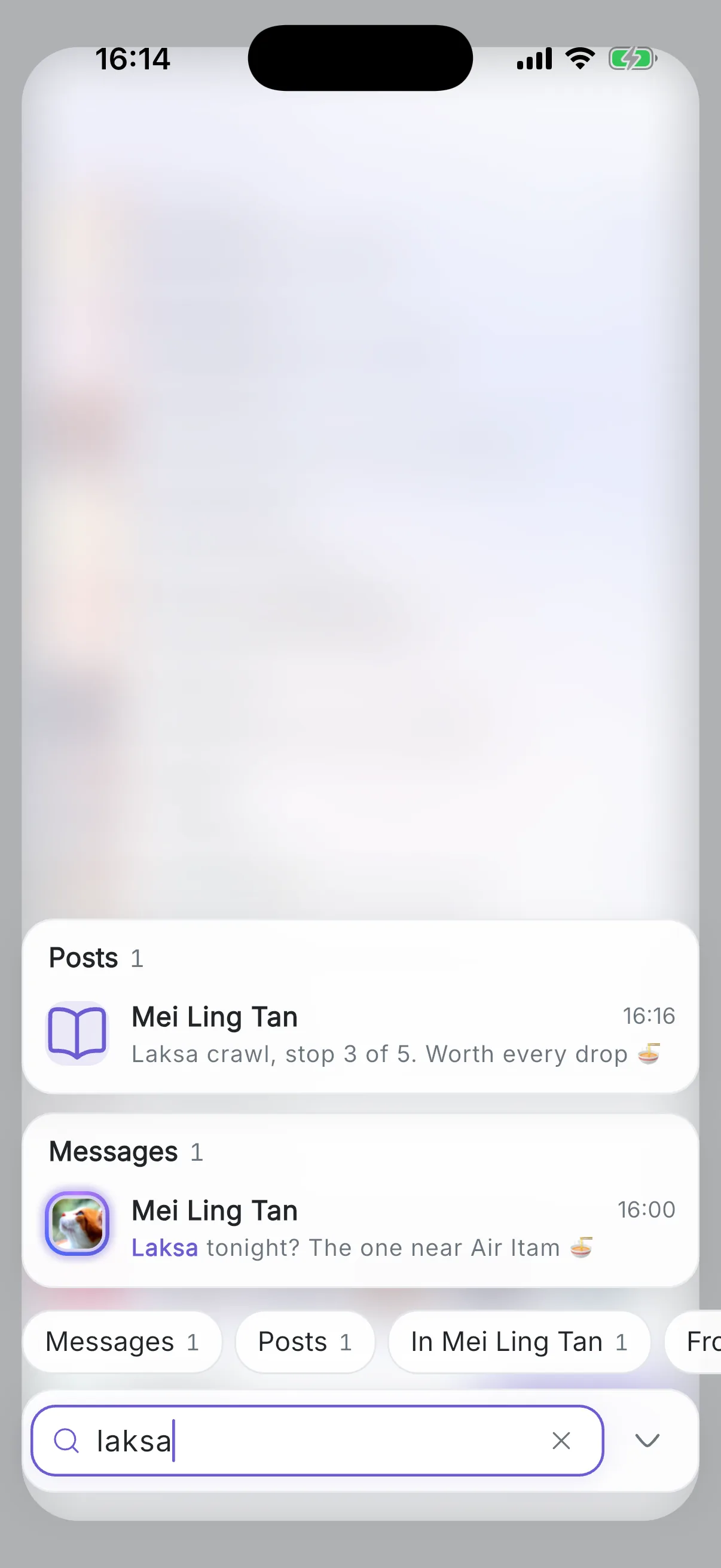 Search pulled up from the bottom, finding “laksa” in a post and a message