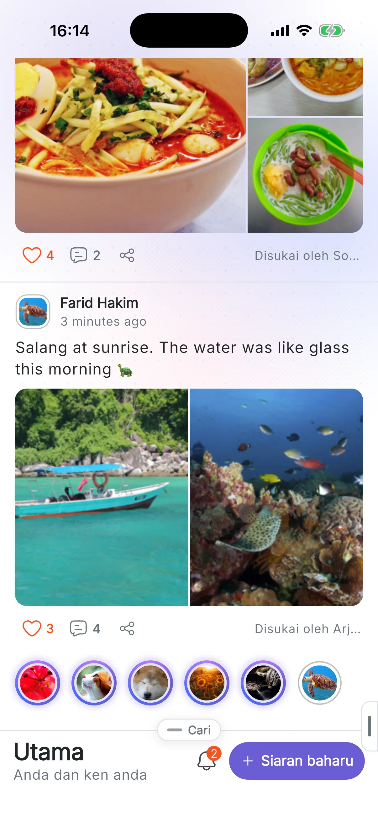Laman Utama: hantaran daripada ken, dengan foto, suka dan komen
